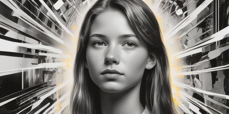 Porträt eines jungen Mädchens mit langen Haaren vor einem Hintergrund mit strahlenförmigen, abstrakten Linien und gelben Lichtakzenten.